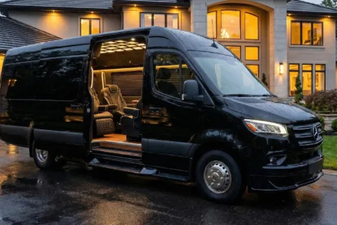 Mercedes-Sprinter Ghost Extended limousine parked in front of a private estate gate